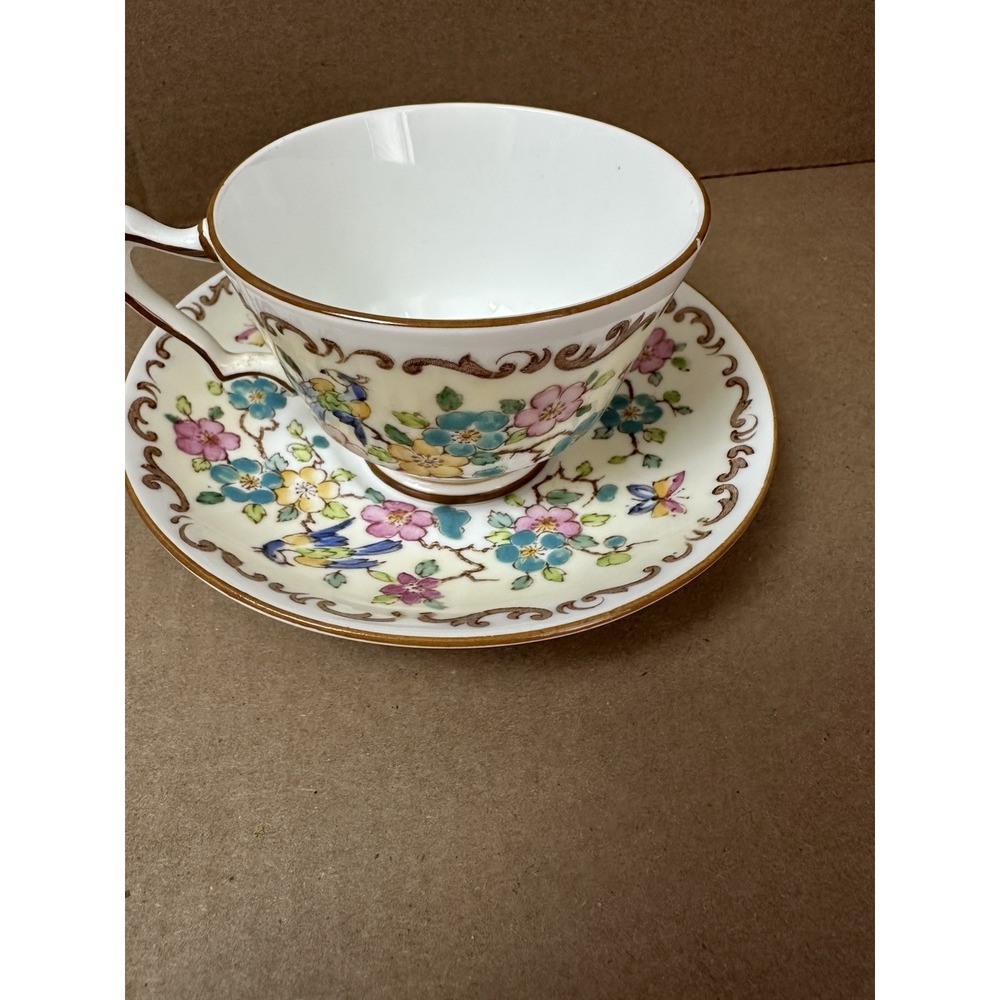 Vintage Crown Staffordshire Teacup Saucer Birds Butterflies 15663